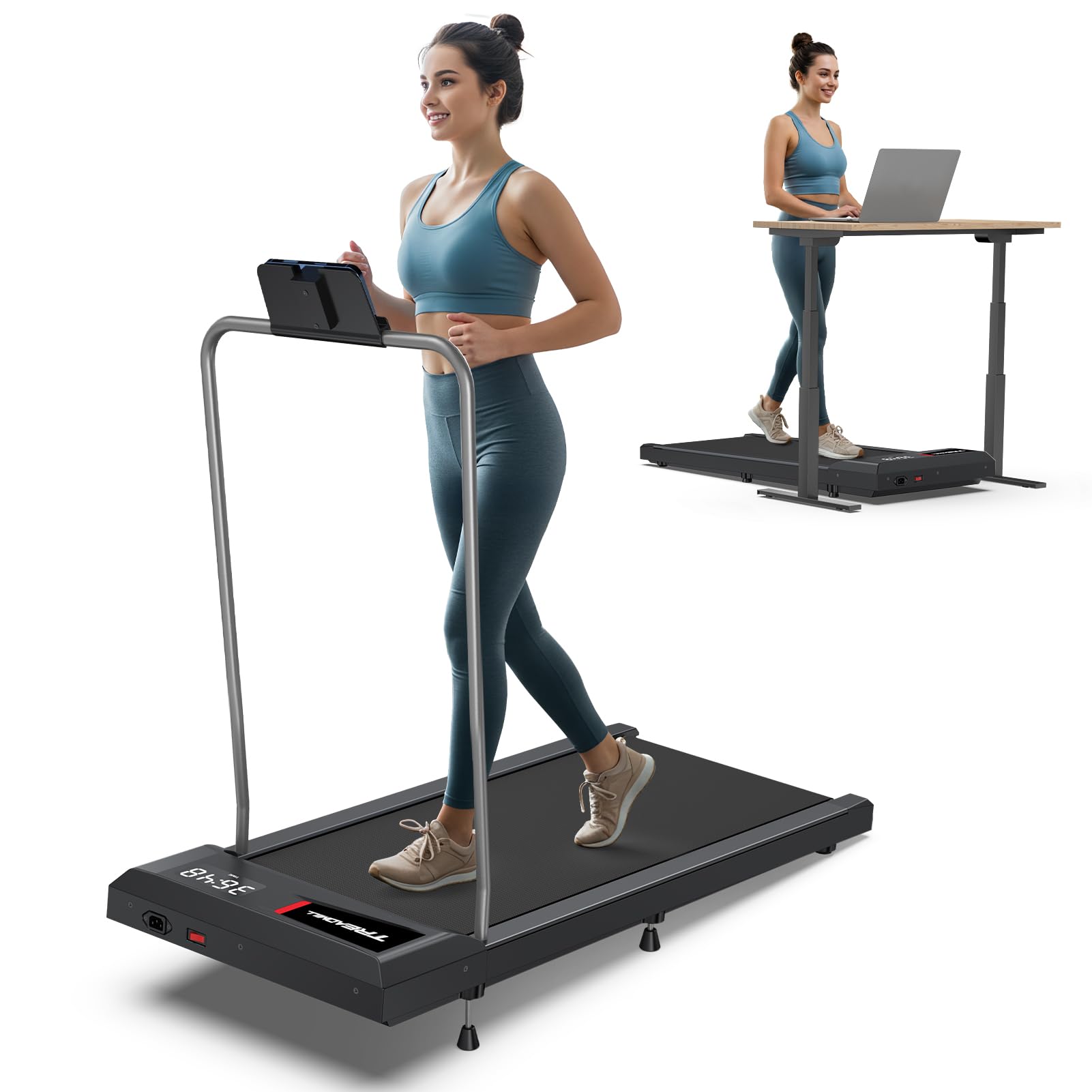 Walking Pad Treadmill With Handle Bar, Under Desk Treadmills For Home Small Office, 5.0 Mph Walking Pads With 10% Incline, Porta