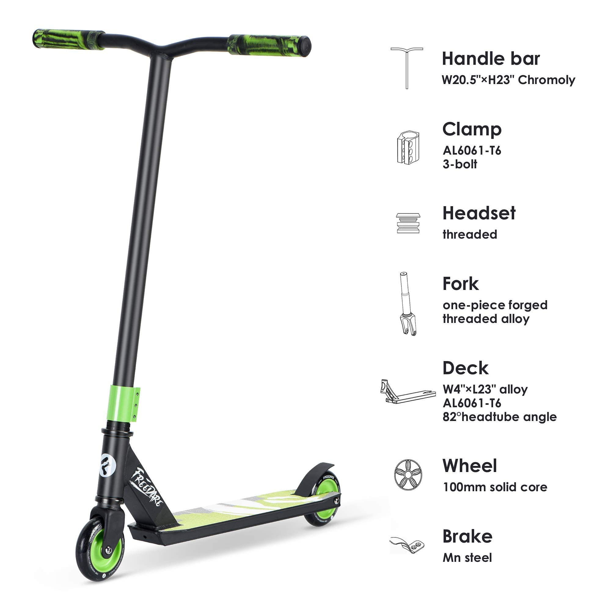 FREEDARE Complete Pro Scooter JB-1 Stunt Scooter for Kids 8 Years and Up, Teens, Adults, Trick Scooter for Beginners Green