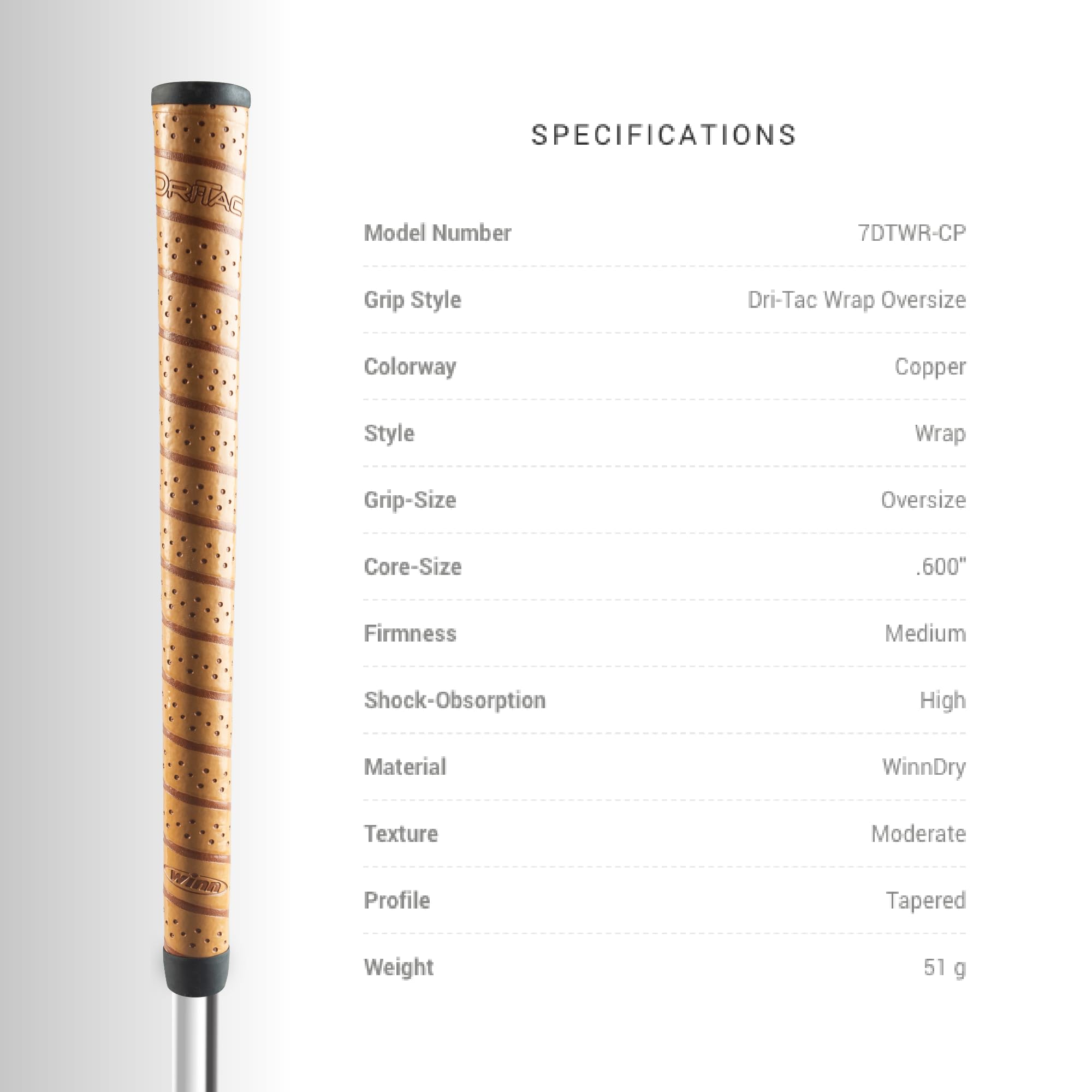 Winn Dri-Tac Wrap Oversize (+1/8'') Golf Grip, Classic Wrap-Style Design With Pronounced Contours For Ultimate Comfort, Winndry