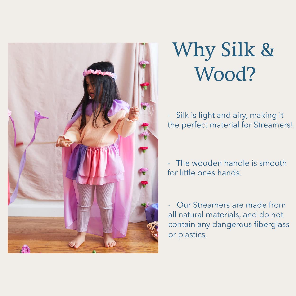Sarah'S Silks - Heart Silk Streamer, Baltic Birch Wood, 100% Real Silk, 8-Foot Long 1-Inch Wide Ribbon Dancer Wand (2)