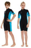 Hevto Kids Shorty Wetsuits Boys Girls 3/2Mm Neoprene Wet Suit Front Zip Keep Warm For Surfing Swimming Sup (K02S-Blue, 5)