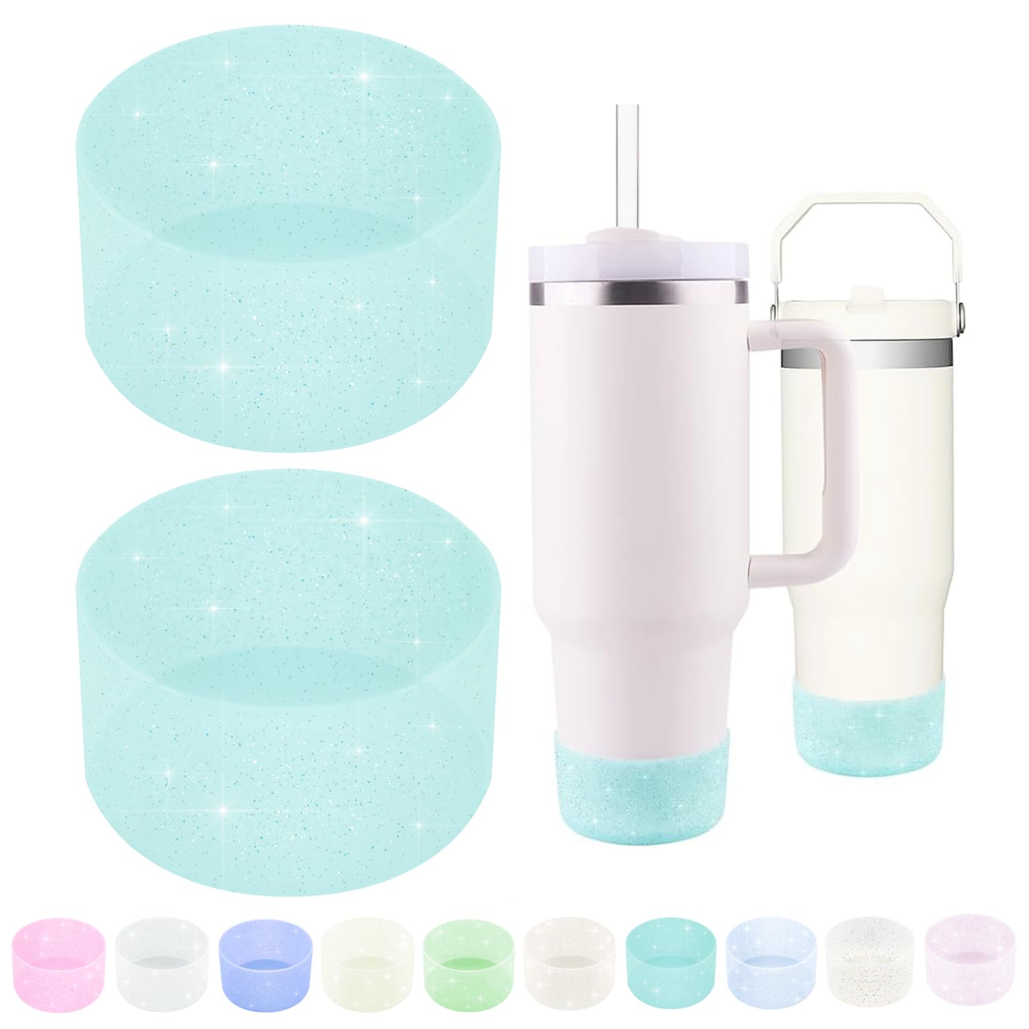 Worbss 2 Pack Aqua Glitter Silicone Boot Sleeve For Stanley Cup 40Oz Accessories For Hydro Flask 18-24Oz And More Wide Mouth Wat