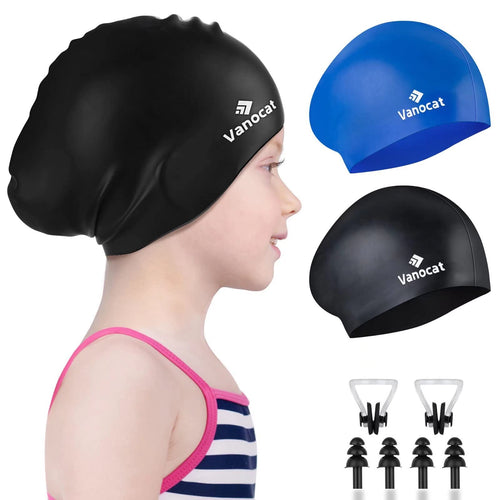 2 Pack Kids Swim Caps for Long/Short Hair, Unisex Silicone Swimming Cap for Age 3-15 Children Toddler Youth Teen, Waterproof Shower Cap Bathing Hats for Girls Boys with Ear Plugs & Nose Clip-1