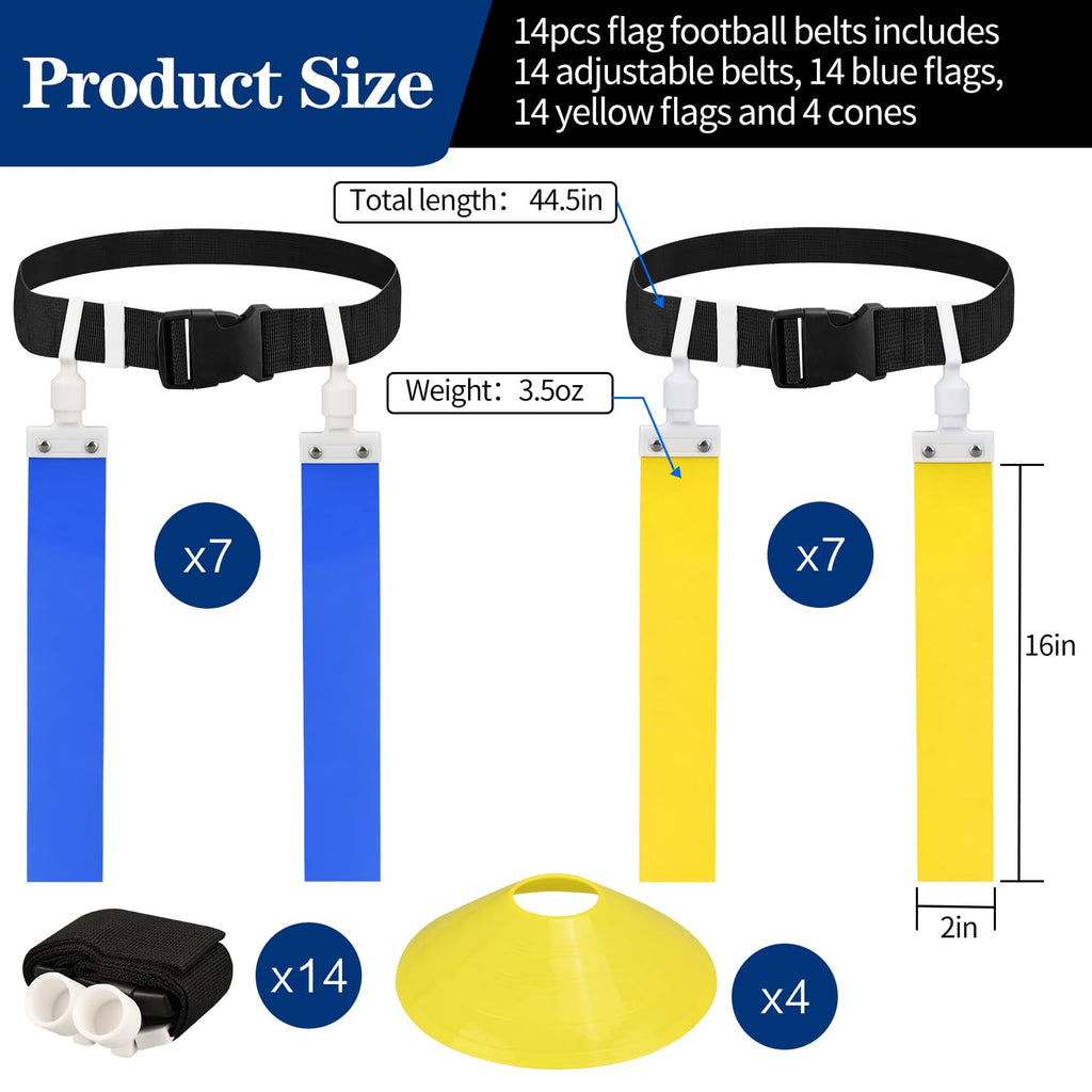 Dkovn Flag Football Belt, 1/2/4/10/14Pcs Adjustable Flag Football Belt With Belt And Flags, For Kids, Youths, Adults(14Pcs, Blue