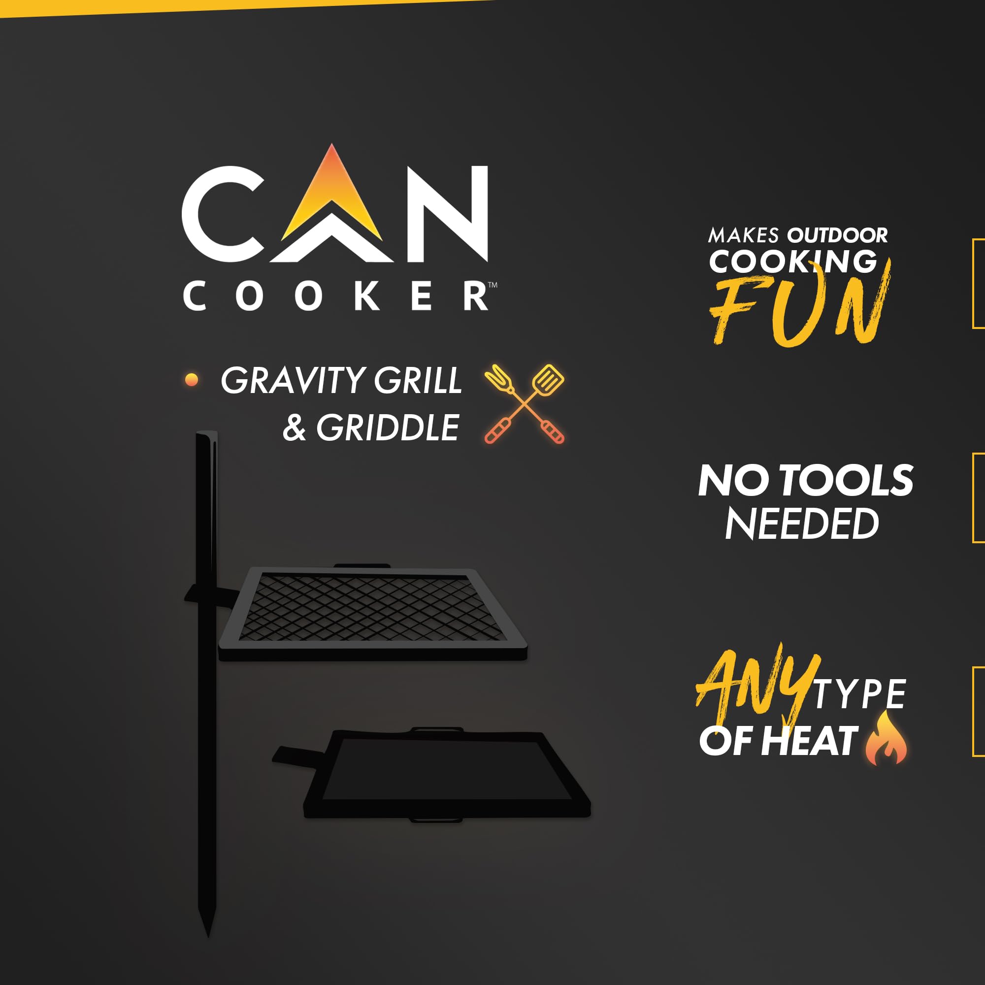 Gamemaker - Open Fire Cooking Gravity Combo Grill & Skillet, Ultimate Camping Cooking Tool Black, Grill Dimensions: 18.5 X 16.37