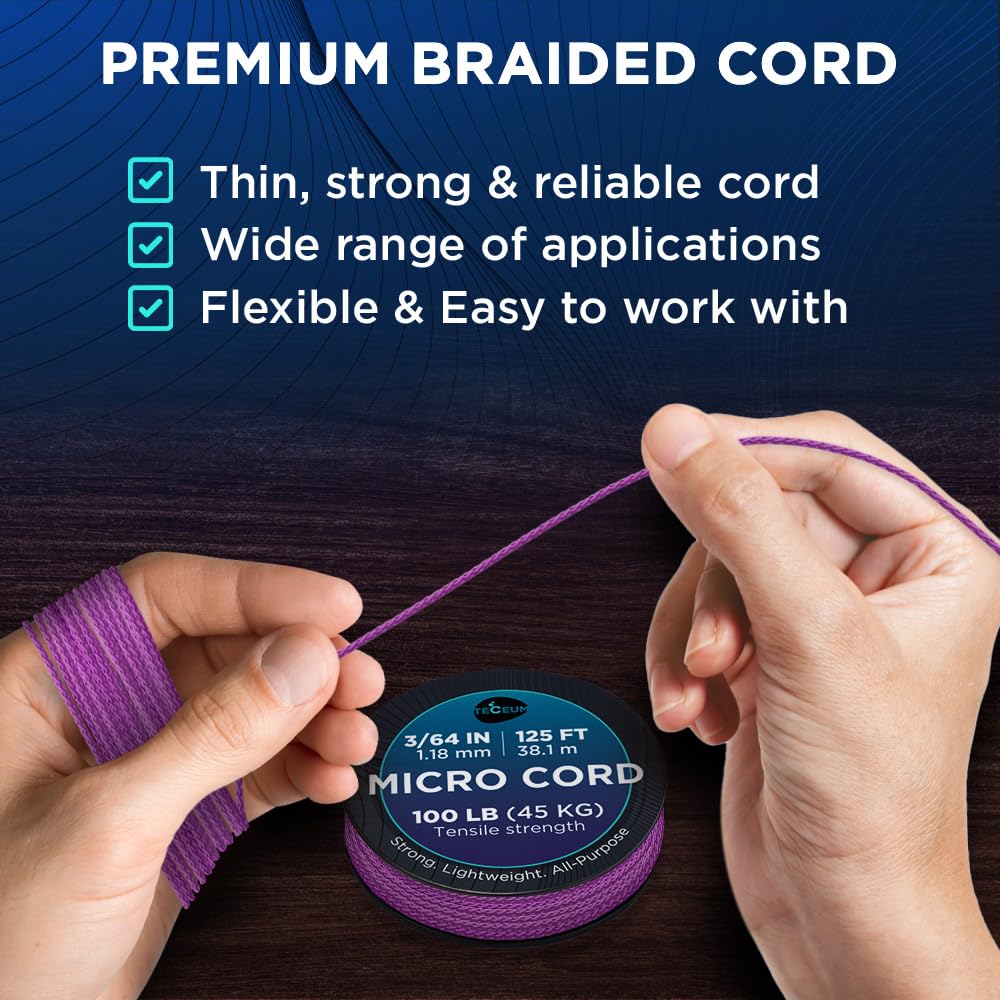 Teceum Micro Paracord - Purple - 1.18 Mm X 125 Ft - Micro Utility Cord - Thin Braided Paracord Rope Nylon Polyester - Wind Chime