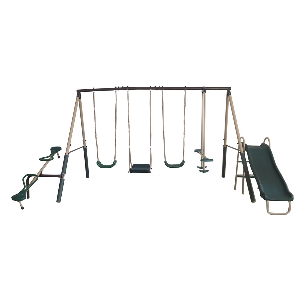 Xdp Recreation Crestview Outdoor Play Kids Metal Backyard Playset Swing Set With 2 Swings, Slide, Stand N Swing, Fun Glider, And