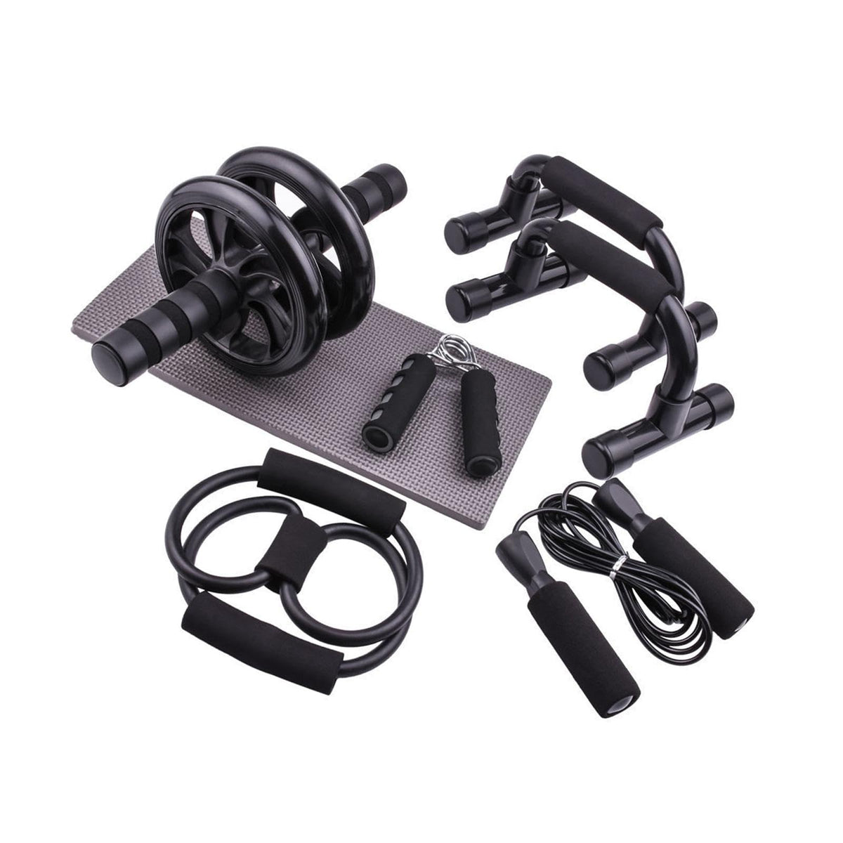 SNAPPSY 7 Piece Ab Workout Roller Wheel Kit Complete Accessory Fitness Equipment Set Black