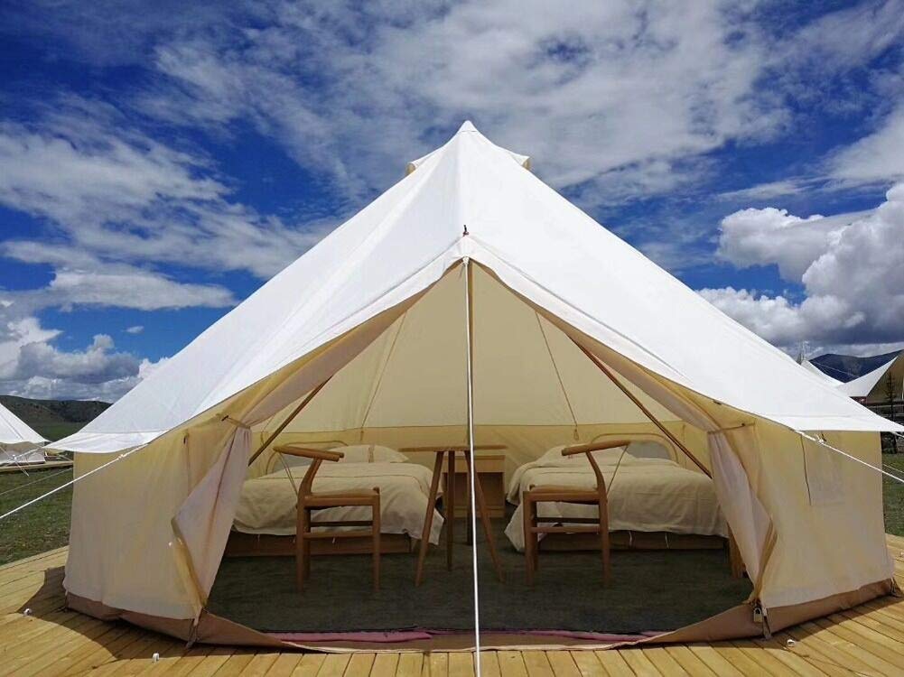 Outdoor Family Camping Safari Glamping Tent Waterproof Luxury 3/4/5/6M Yurt Bell Tent With Mesh Screen (Off White Oxford Tent, 6
