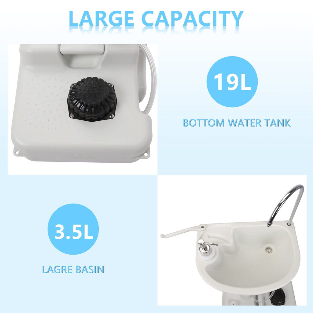 Outvita Portable Camping Sink W/ 19L Water Tank Rolling Wheels Towel Holder Soap Dispenser Faucet, Outdoor Foot Pump Washing Sta