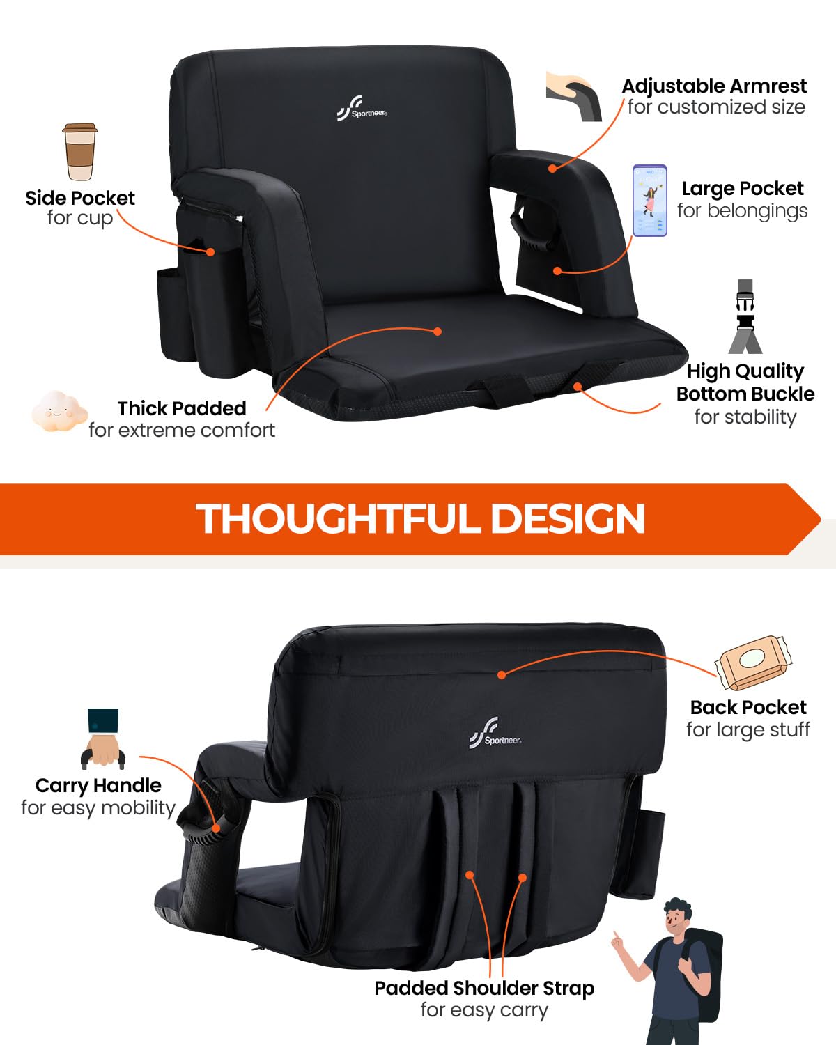 Sportneer Stadium Seats For Bleachers, Bleacher Chairs With Back And Cushion Bleacher Seats With Back Support Padded Stadium Cha