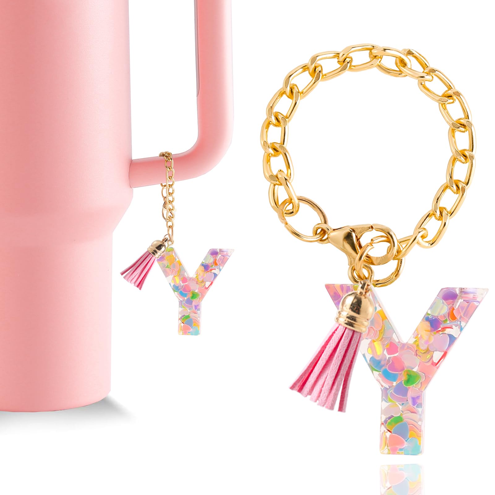 Letter Charm Accessories for Stanley Cup 1 PCS Cute Initial Keychain Handle Charm for Stanley Tumbler for Women Pink Letter Y