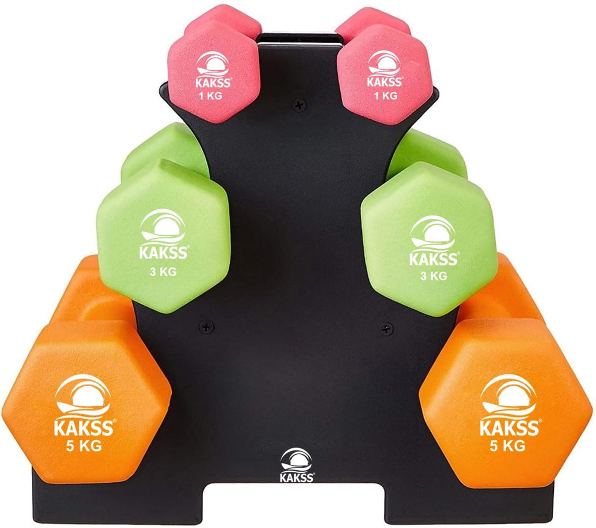 Kakss Neoprene Dumbbell With Stand (Multicolor) 18 Kg (1Kg + 3Kg + 5Kg Set)