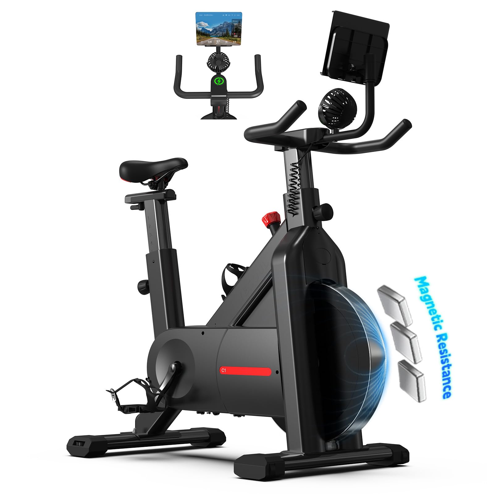 YESOUL Self-Powered Exercise Bike for Home Gym, Magnetic Resistance Indoor Cycling Bike with Cooling Fan, LED Light Feedback, Ap