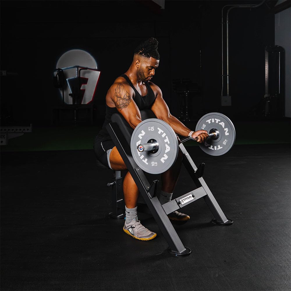 Titan Fitness Seated Preacher Curl Bench, Max Load 250 Lb, Bicep Curl Support Training, Isolated Barbell Dumbell Ez Curl Special