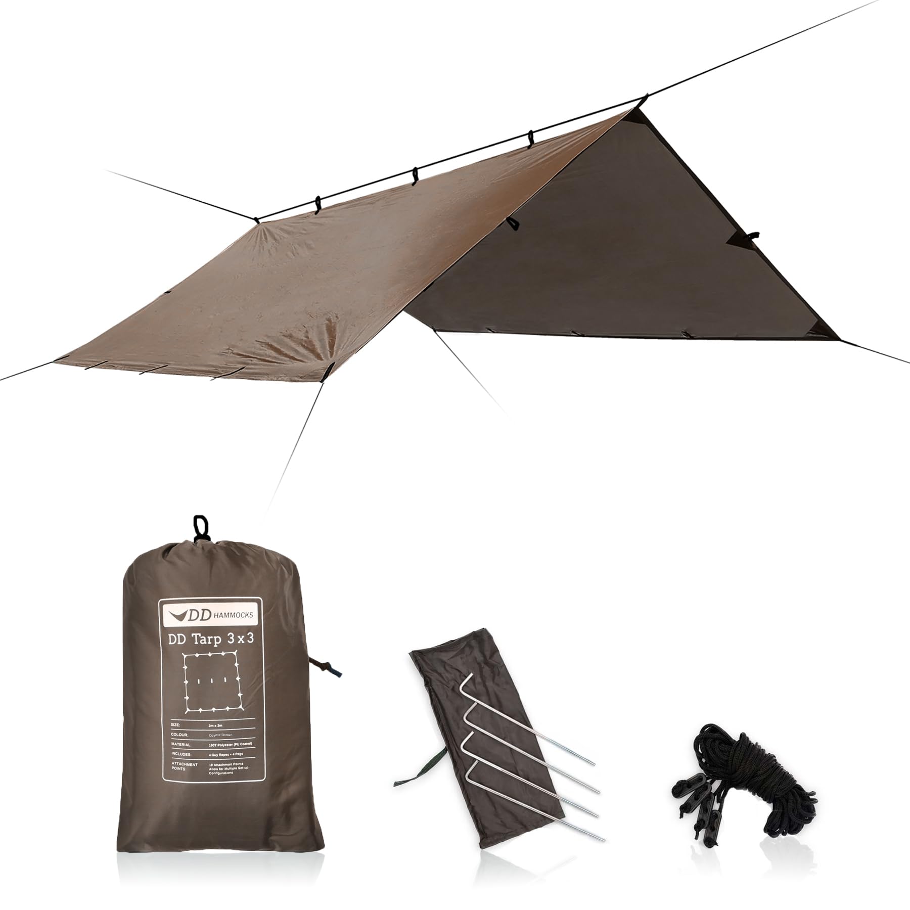 Dd Hammocks - Dd Tarp 3X3 - Coyote Brown (10Ft X 10Ft) - 100% Waterproof - Lightweight & Multifunctional Rainfly Tarp Tent Shelt