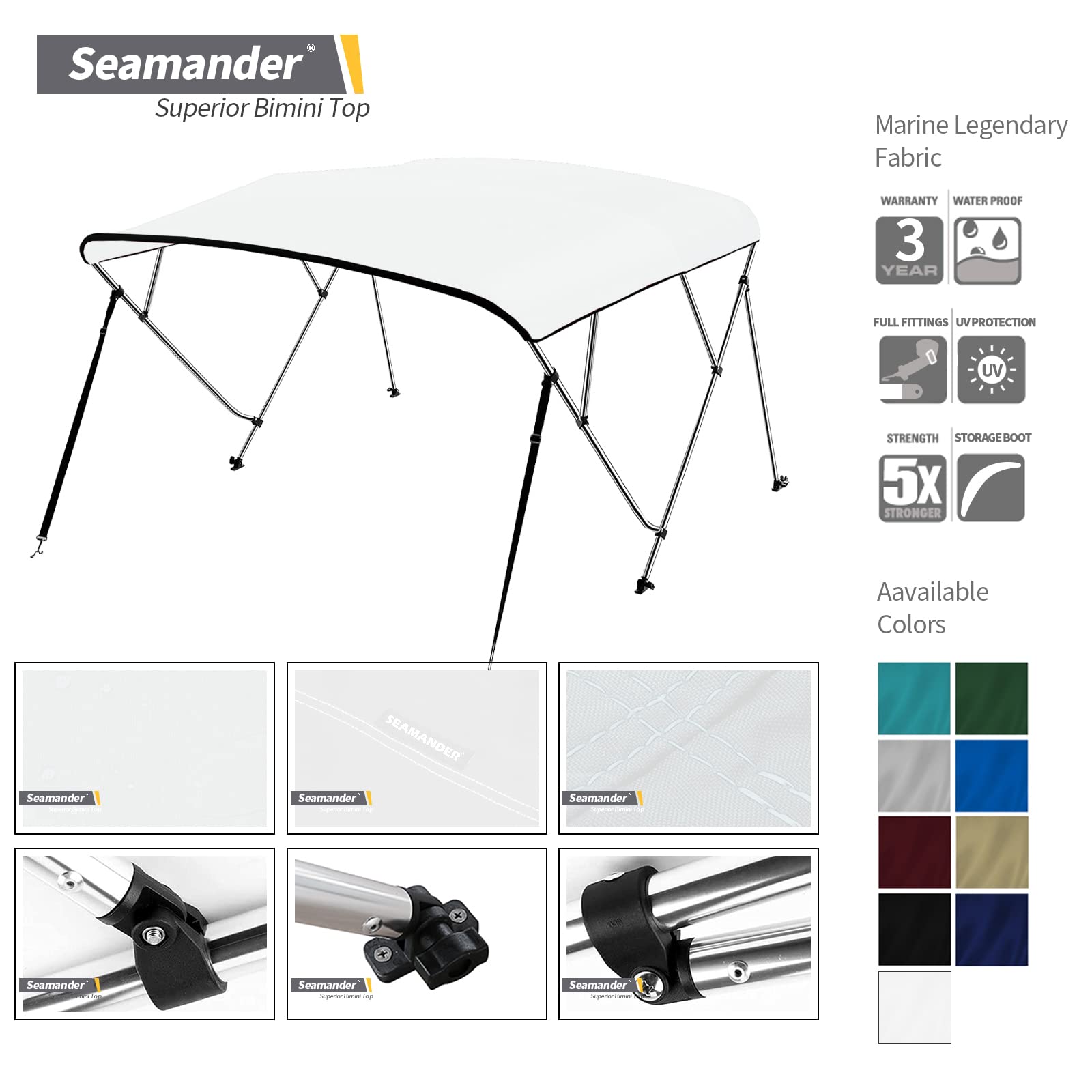 Seamander 3 Bow Marine Grade Polyester Boat Bimini Top, 600D Solution-Dyed Canvas, 4 Adjustable Nylon Straps, 2 Rear Support Pol