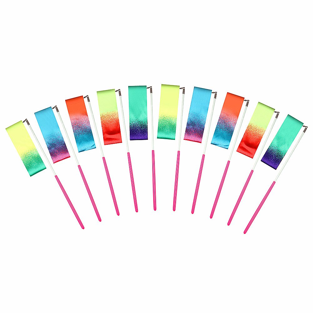 Aitime 10 Pieces 2 Meters Gym Gymnastics Dance Ribbons,Rainbow Dancer Ribbons With Twirling Wands For Kids Dancing,Ce And En71 A