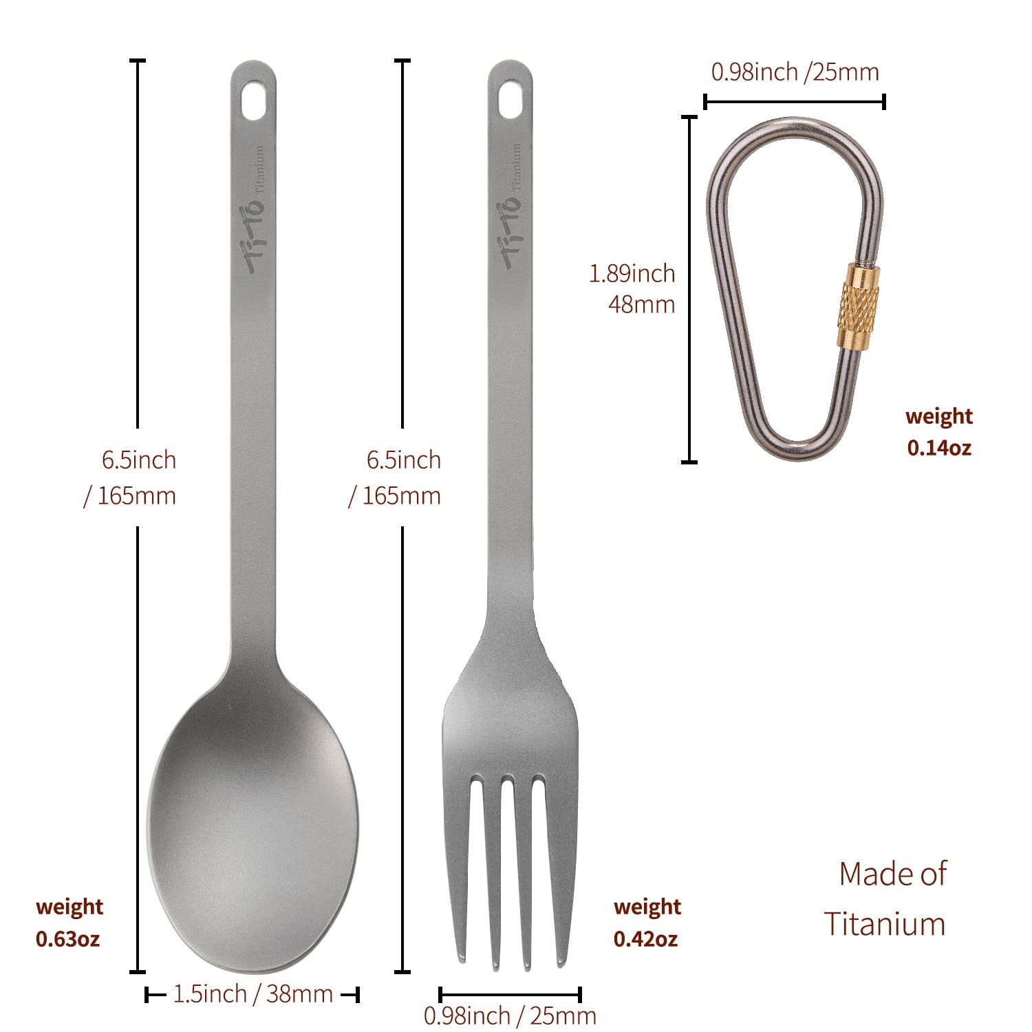 Tito Titanium Camping Cutlery Set - Fork And Spoon With Carabiner Clip Ultralight Portable Titanium Flatware Safe Durable For Ou