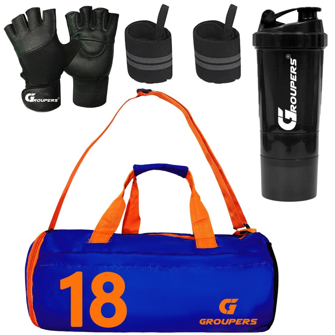 Groupers Blue Gym Bag Combo  2025L Foldable Duffle With Shoe Pocket + Weightlifting Gloves, Wrist Band & 500Ml Shaker, Weekend