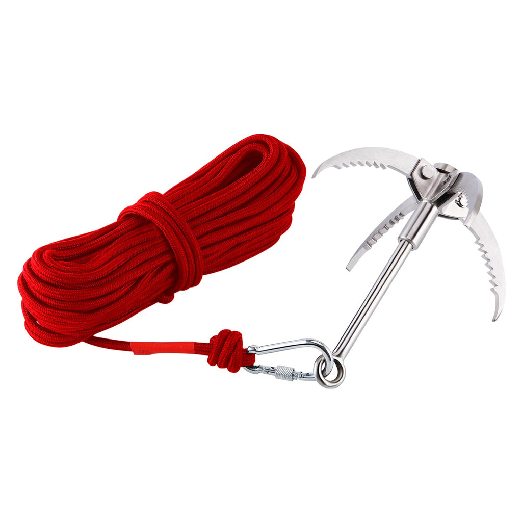 Ant Mag Grappling Hook Stainless Steel Claw Carabiner With 20M/65Ft 8Mm Auxiliary Red Rope For Camping Hiking Tree Grabbing And