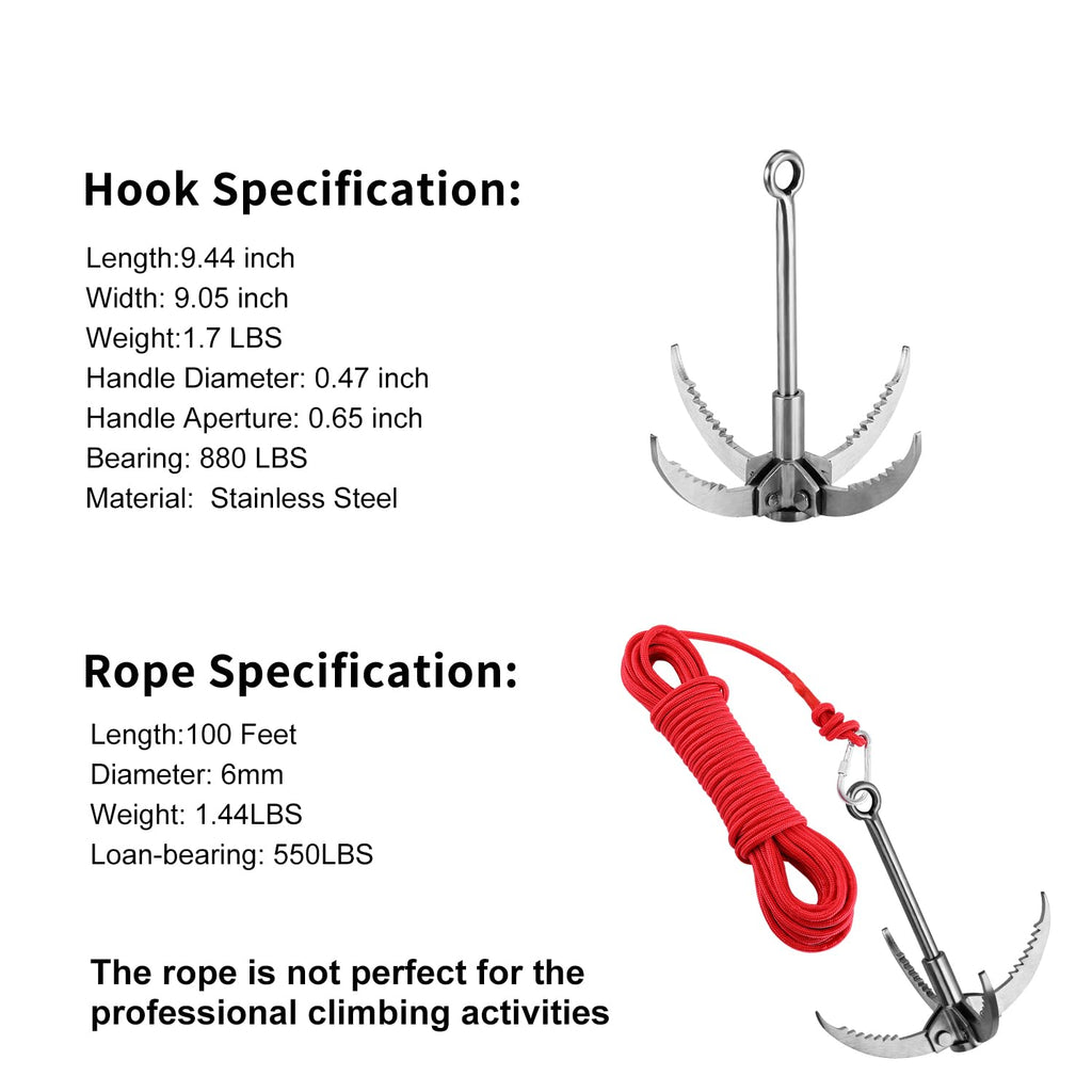 Ant Mag Grappling Hook Stainless Steel Claw Carabiner With 30M/65Ft 6Mm Auxiliary Red Rope For Camping Hiking Tree Grabbing And