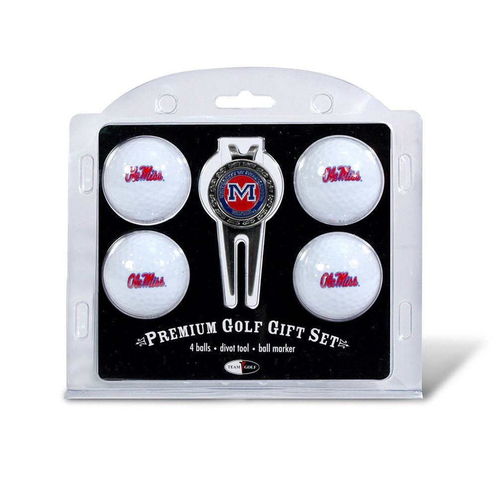 Team Golf NCAA Ole Miss Rebels 4 Golf Ball And Divot Tool Set Regulation Size Golf Balls (4 Count) & Divot Tool with Removable D