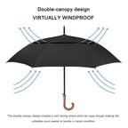 G4Free 52/62Inch Wooden J Handle Golf Umbrella Windproof Classic Stick Wedding Cane Umbrellas, Auto Open Cane Hook Handle