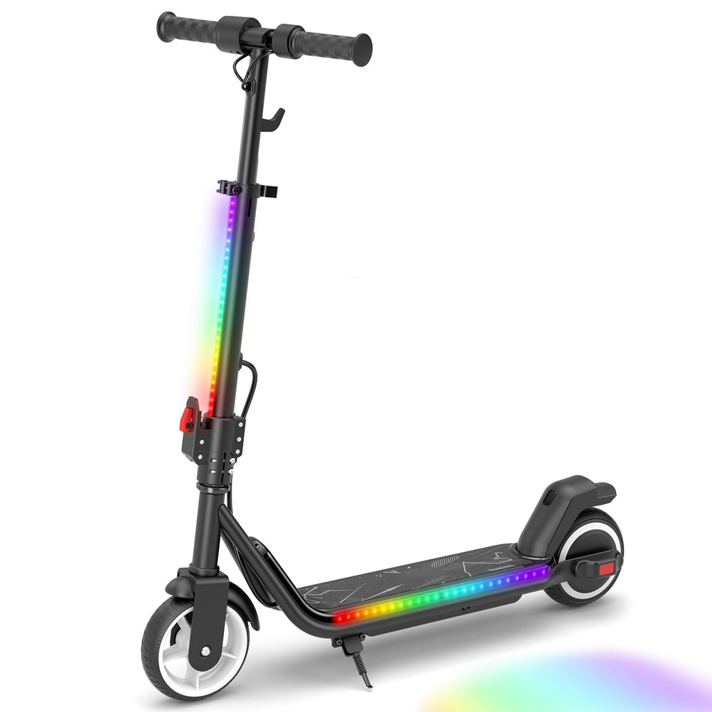 Electric Scooter for Kids, 200W Motor, Smart Display, 3 Safe Speeds (5/8/12 MPH), Colorful Lights, Foldable & Bluetooth, Dual Br