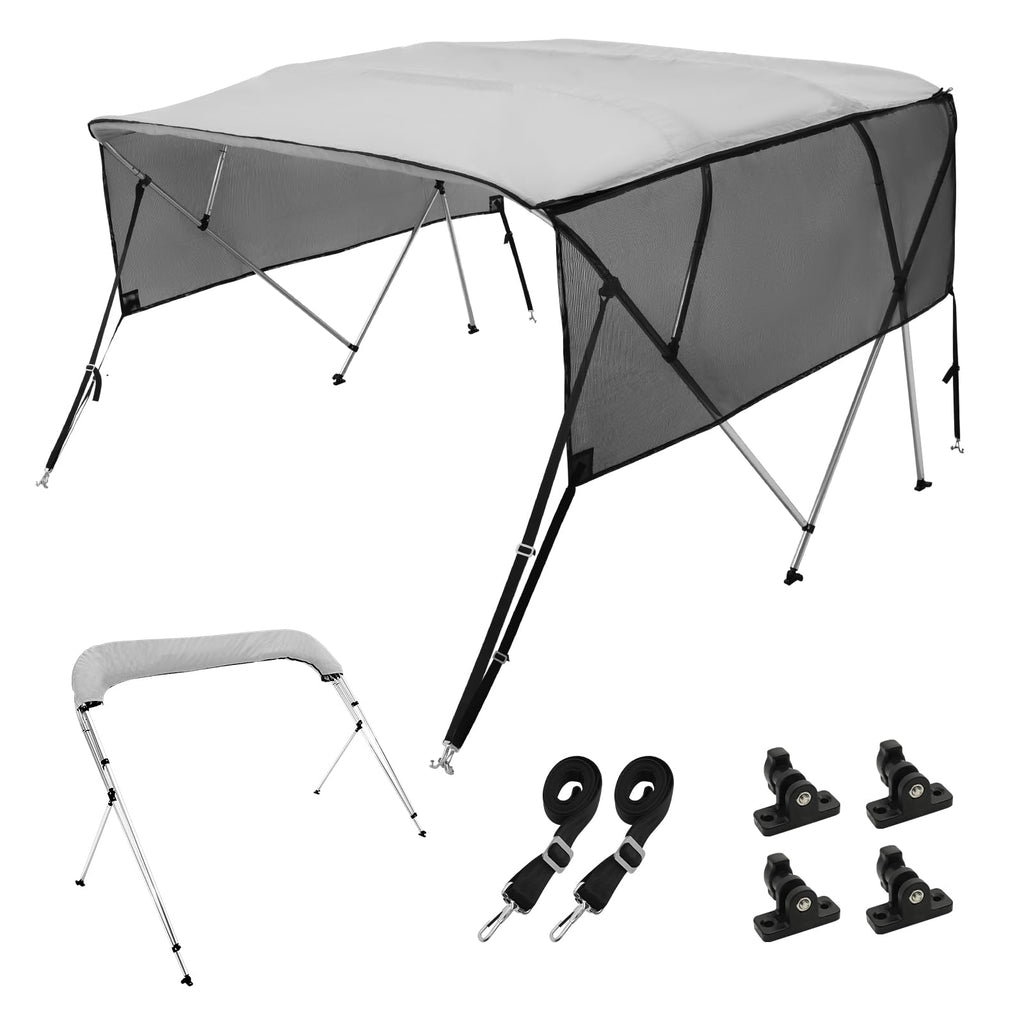 Vevor 4 Bow Bimini Top Boat Cover, Detachable Mesh Sidewalls, 600D Polyester Canopy With 1'' Aluminum Alloy Frame, Includes Stor