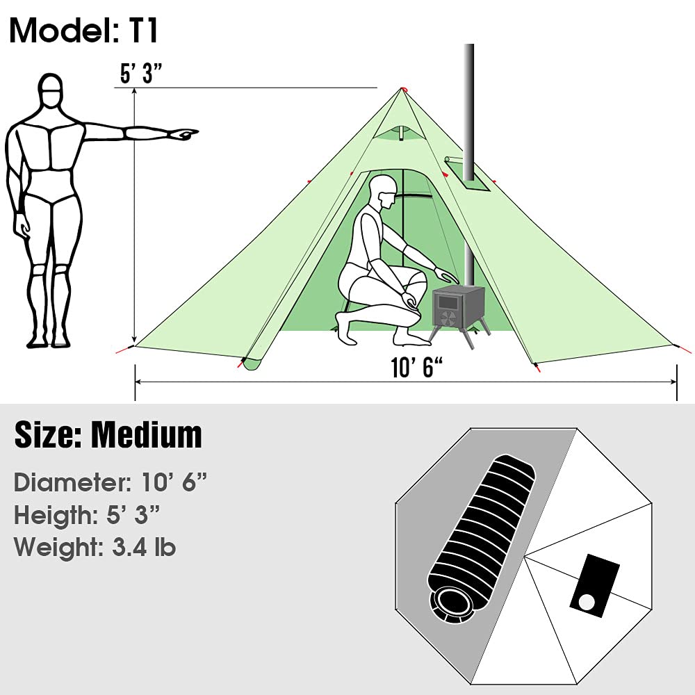 Preself 2 Person Lightweight Tipi Hot Tent Model T1 Size Medium Teepee Tents For Family Team Outdoor Backpacking Camping Hiking