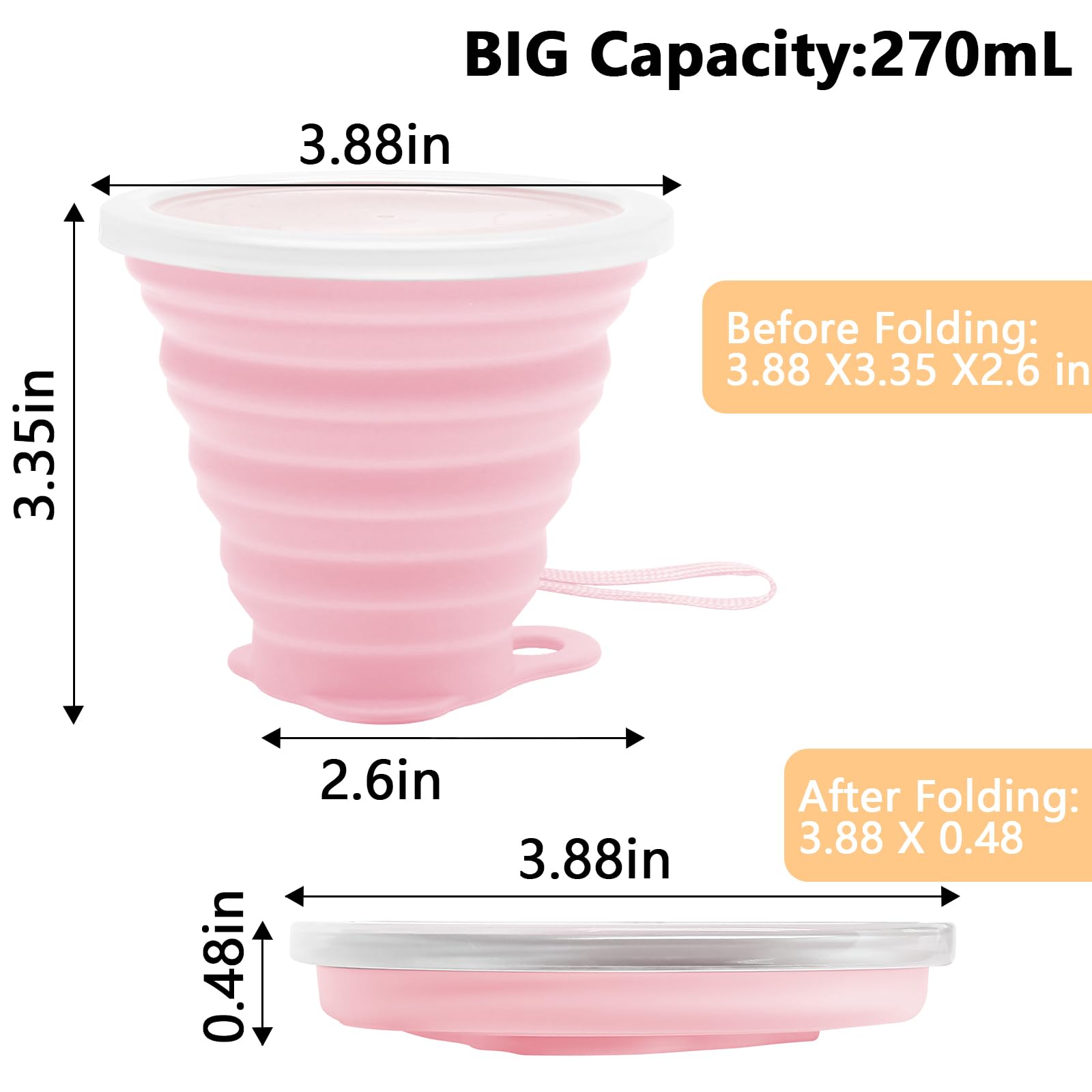 Litoexpe 2 Pack Silicone Collapsible Travel Cup Portable Folding Camping Cup Sets With Lids, Pink & Purple, Capacity 9.22Oz (270
