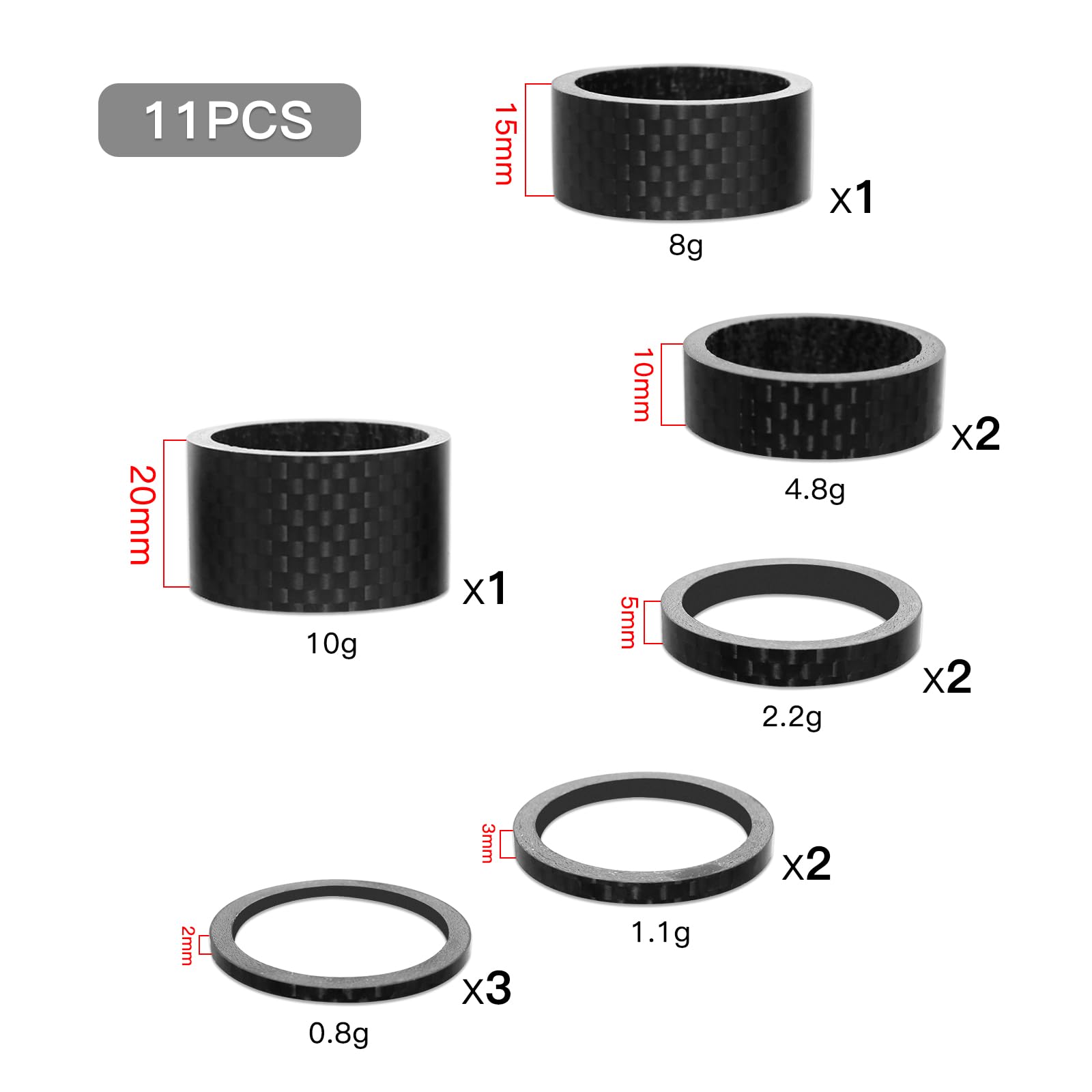 Ztz 11Pcs Headset Spacer Set For 1-1/8 Fork Stem - Aluminum Carbon Fiber Washer Kit (20 15 10 5 3 2 Mm) Bicycle Threadless Ultra