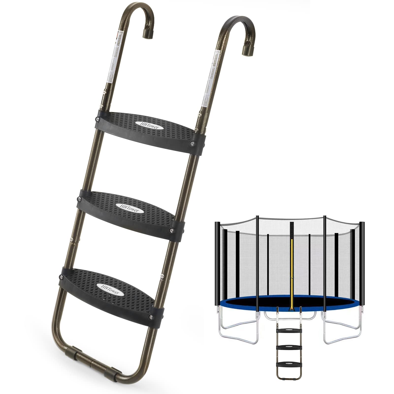 Hbtower Trampoline Ladder, 3-Step Trampoline Steps With Horizontal Wide Steps, Skid-Proof Steps Universal Hook, Uv Treated Steel