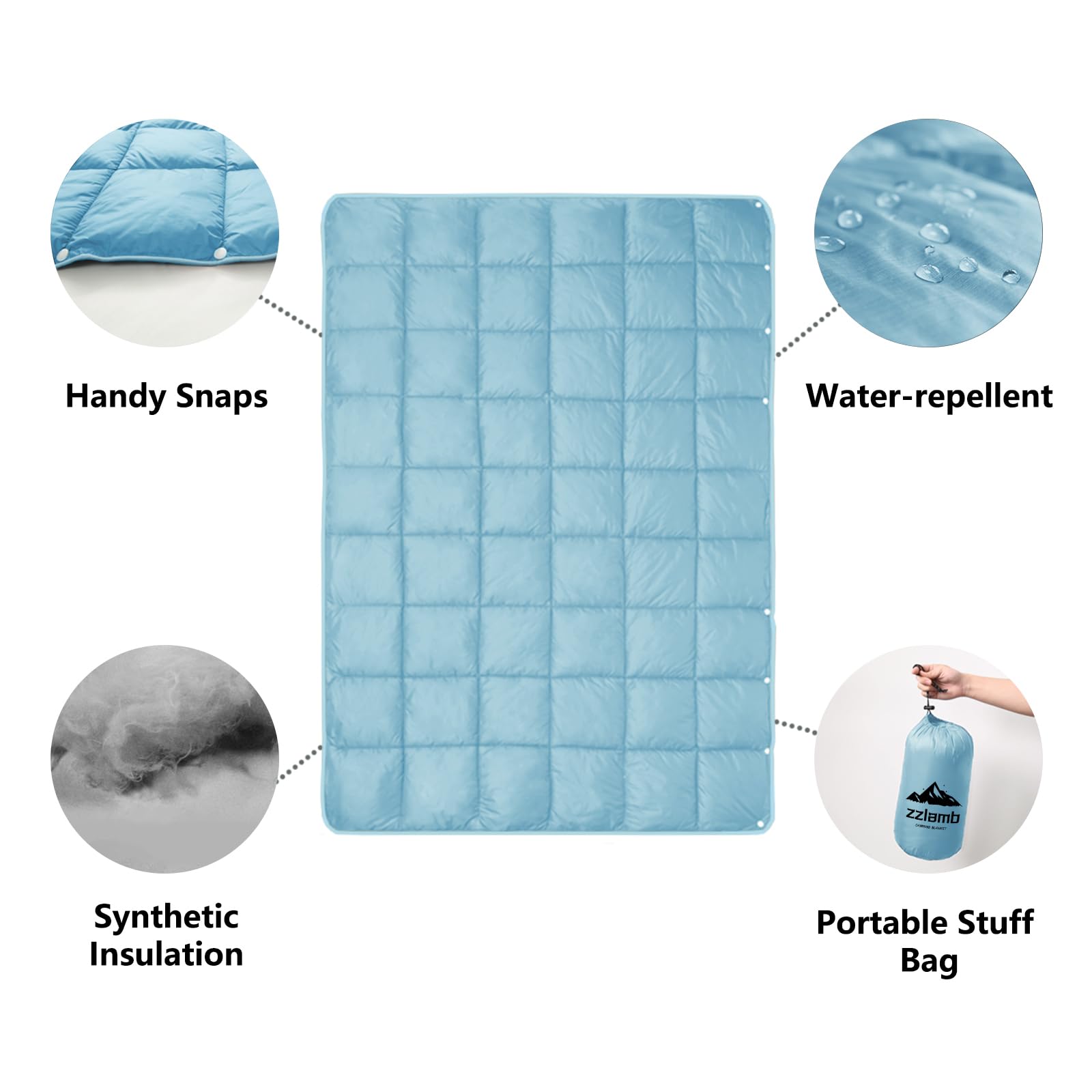 Zzlamb Puffy Camping Blanket Down Alternative Small Size For Kid, Lightweight Water-Repellent Throw Blanket Compact, Portable Wa