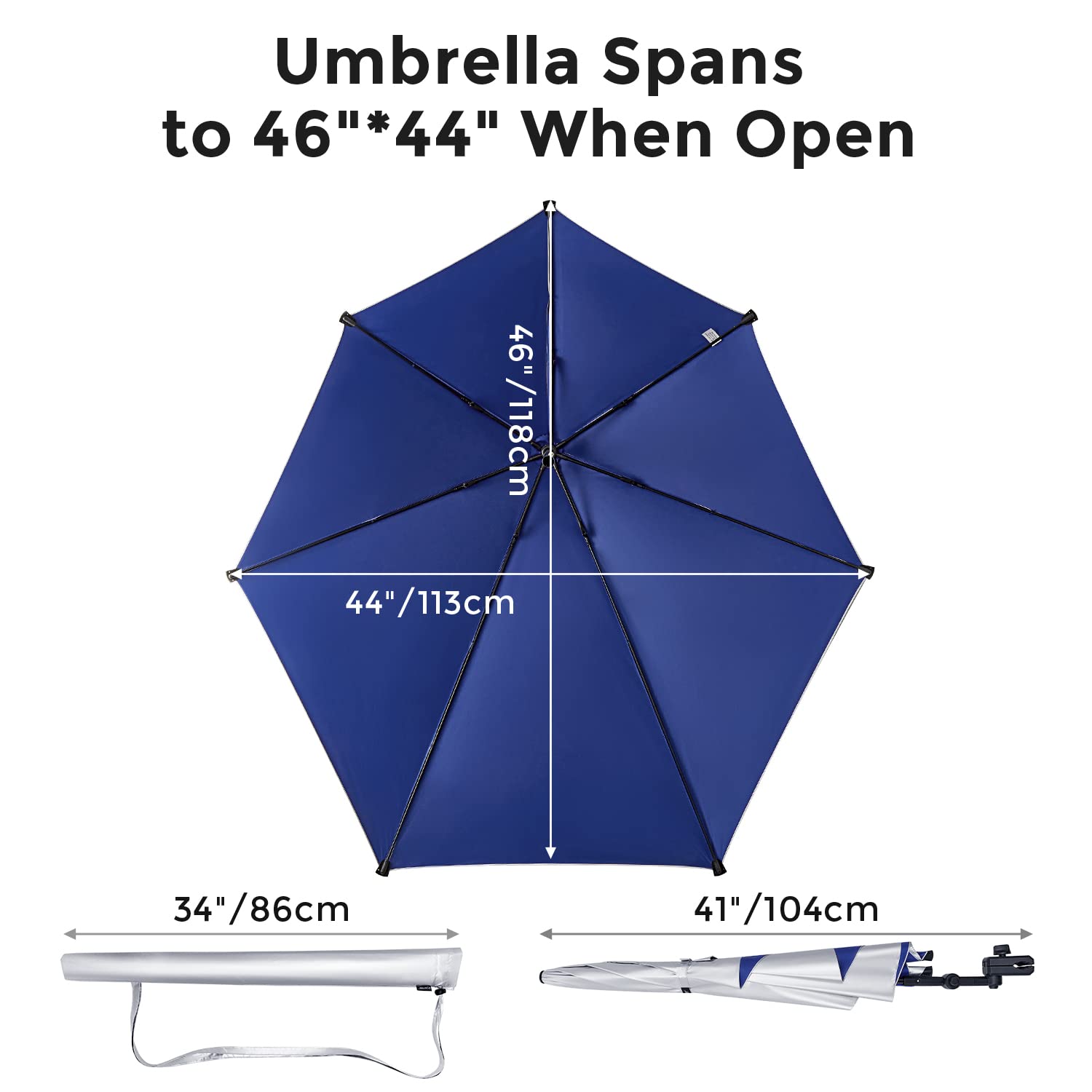 G4Free Upf 50+ Adjustable Beach Umbrella Xl With Universal Clamp For Chair, Golf Bags, Stroller, Wheelchair, Bleacher, Patio(Blu