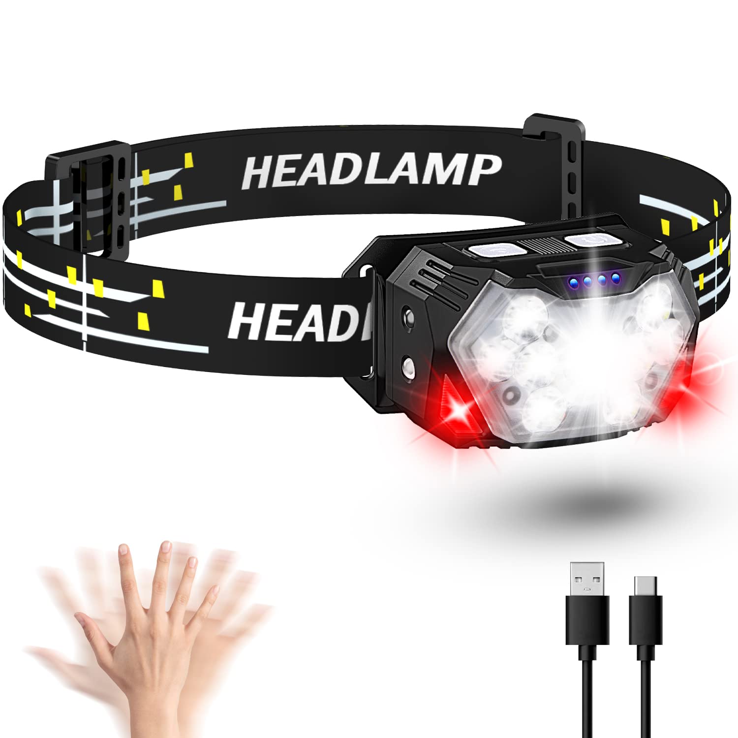 Eirnvop 2000LM Ultra Bright 9 LED Headlamp, USB C Rechargeable Headlight, 10 Modes, Waterproof Motion Sensor Head Lamp Flashligh