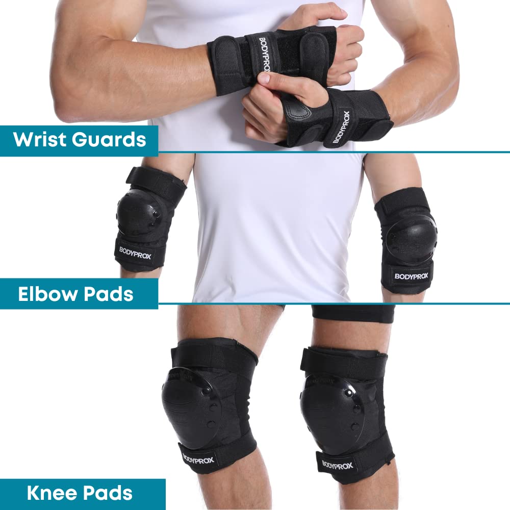 BODYPROX Knee Pads Elbow Pads Wrist Guards Set for Skateboarding, Roller Derby, BMX Ride, and Inline Skating (Medium)