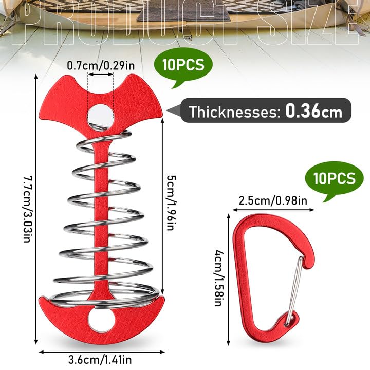 Tobwolf 10Pcs Red Deck Anchor Pegs With Carabiners, Windproof Aluminum Deck Tie Down Spring Tent Stakes, Camping Outdoor Fishbon