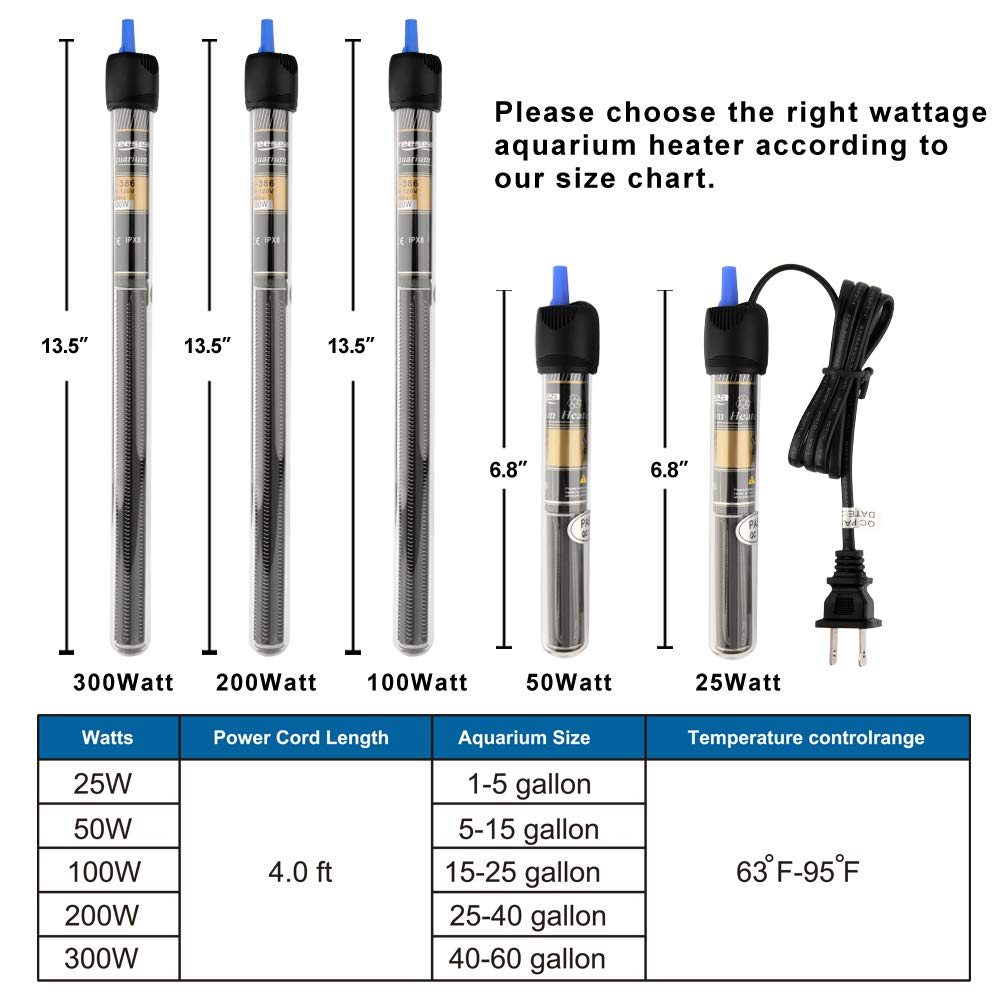 Freesea 50 Watt Aquarium Submersible Betta Heater With Aquarium Submersible Thermometer
