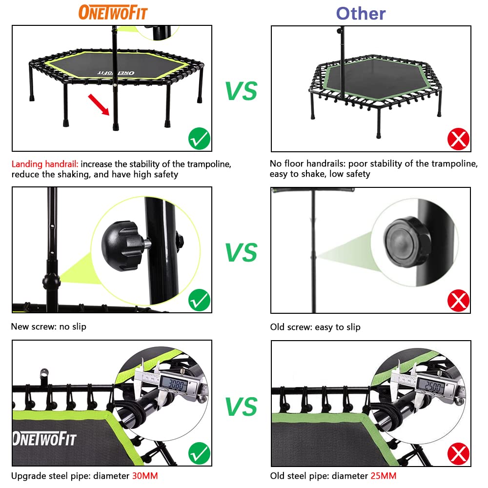 Onetwofit 48'' Silent Mini Trampoline With Adjustable Handle Bar Fitness Trampoline Bungee Rebounder Jumping Cardio Trainer Work