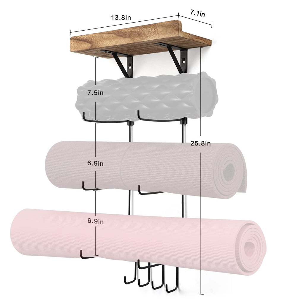 Bikoney Yoga Mat Holder Wall Mount Yoga Mat Storage Home Gym Accessories With Wood Floating Shelves And 4 Hooks For Hanging Foam