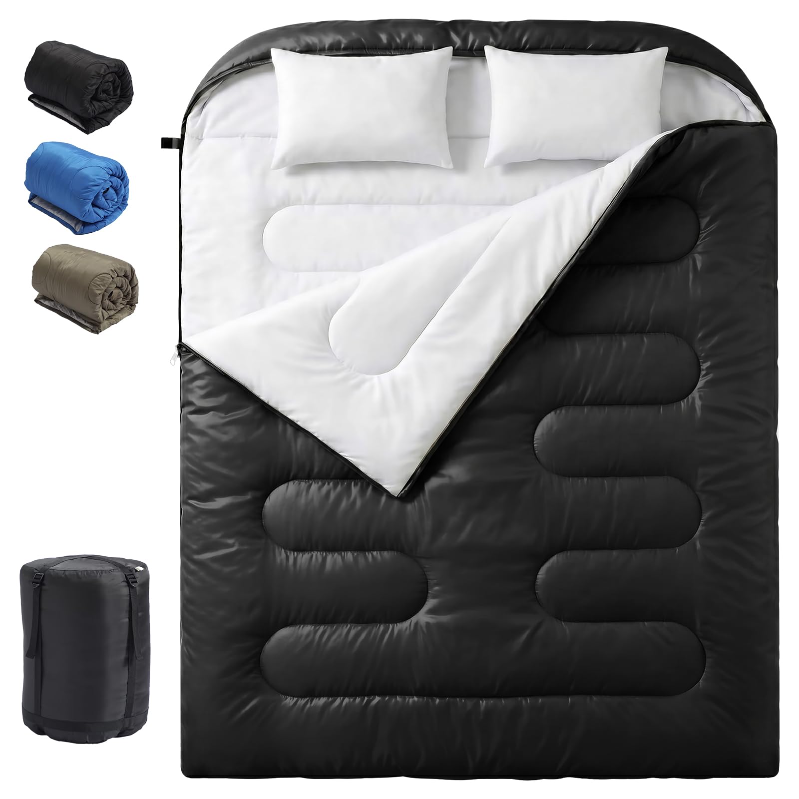 OLIXIS Double Sleeping Bag for Adults with Pillow, Lightweight Portable Queen 2 Person Sleeping Bag, Cold Weather Warm Zipper Sl