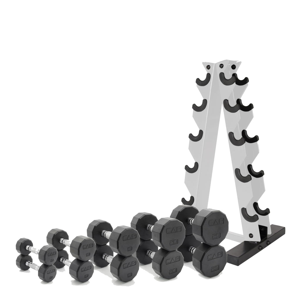 CAP Barbell 150 LB Chrome Handle Coated 12-Sided Dumbbell Set with Vertical White Rack