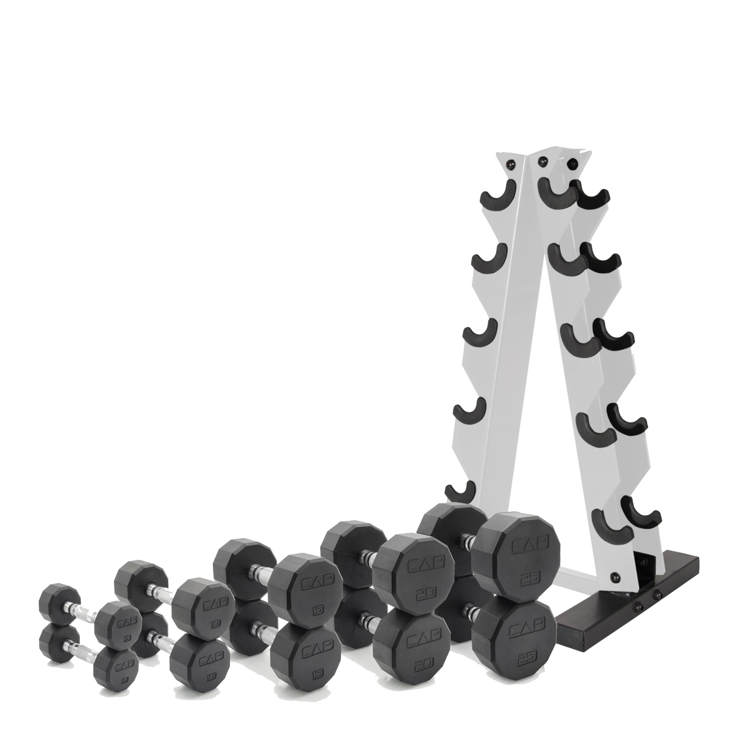 CAP Barbell 150 LB Chrome Handle Coated 12-Sided Dumbbell Set with Vertical White Rack