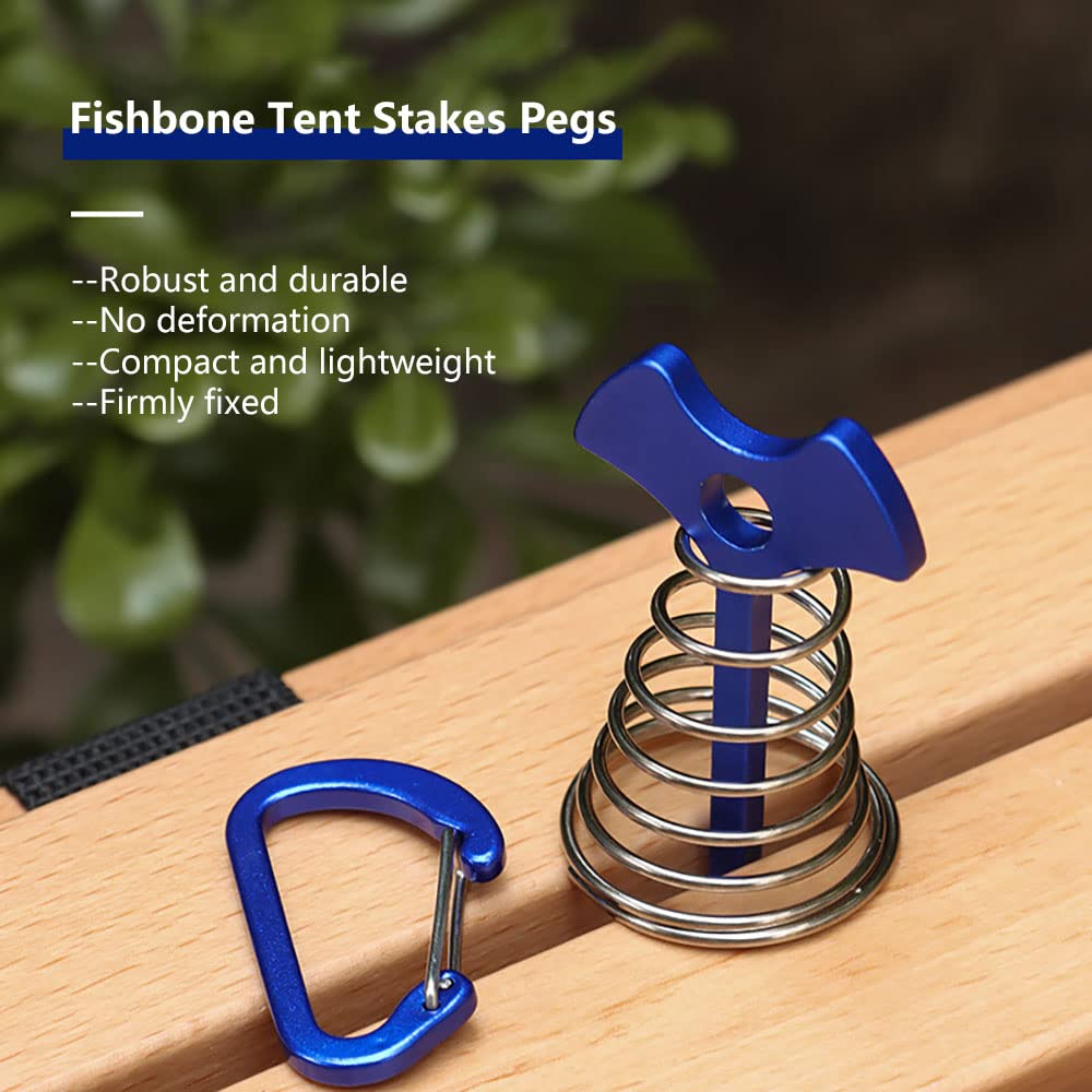 Fishbone Deck Anchor Pegs With Carabiners, Aluminium Deck Tent Stakes With Spring Buckle Aluminium Deck Windproof Tent Stakes Fo