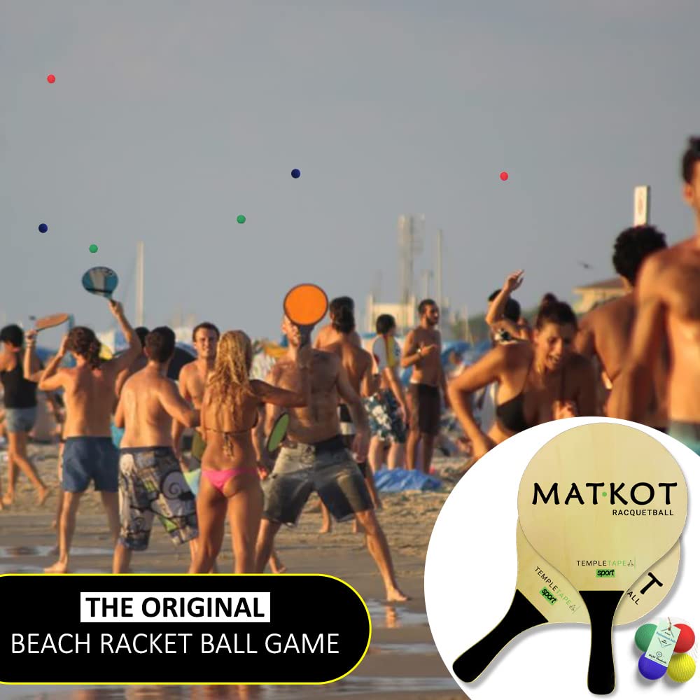 W4W Kadima Beach Paddle Ball Racket Set - Bundle Pack Includes 4 Balls & 2 Paddles - Natural