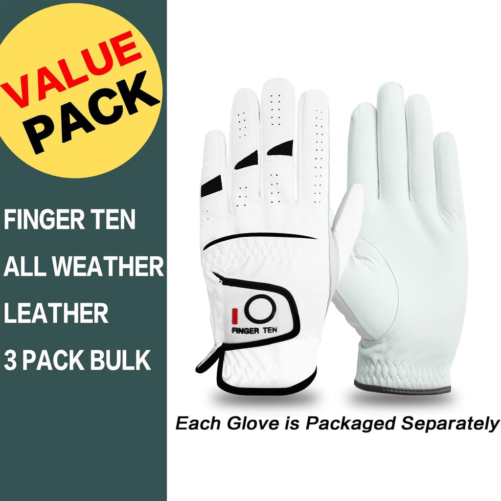 Finger Ten Golf Gloves Men Right Left Handed Golfer Men? Golf Glove Left Right Hand Value 3 Pack, All Weather Leather Grip Small