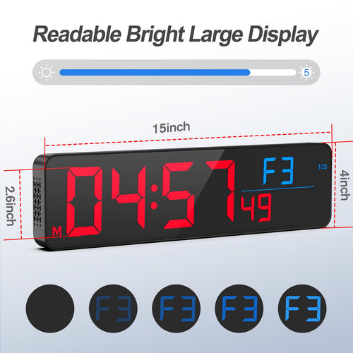 Anjank 15 Large Gym Timer, Led Digital Wall Clock With Seconds, Timing For Workout, Interval & Rounds, Countdown/Up/Stopwatch/12