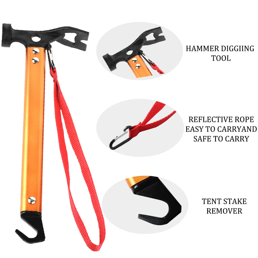 Carbon Steel Aluminum Camping Hammer, 12 Small Lightweight Three-In-One Functional Tent Stake Hammer For Hiking Kit Orange